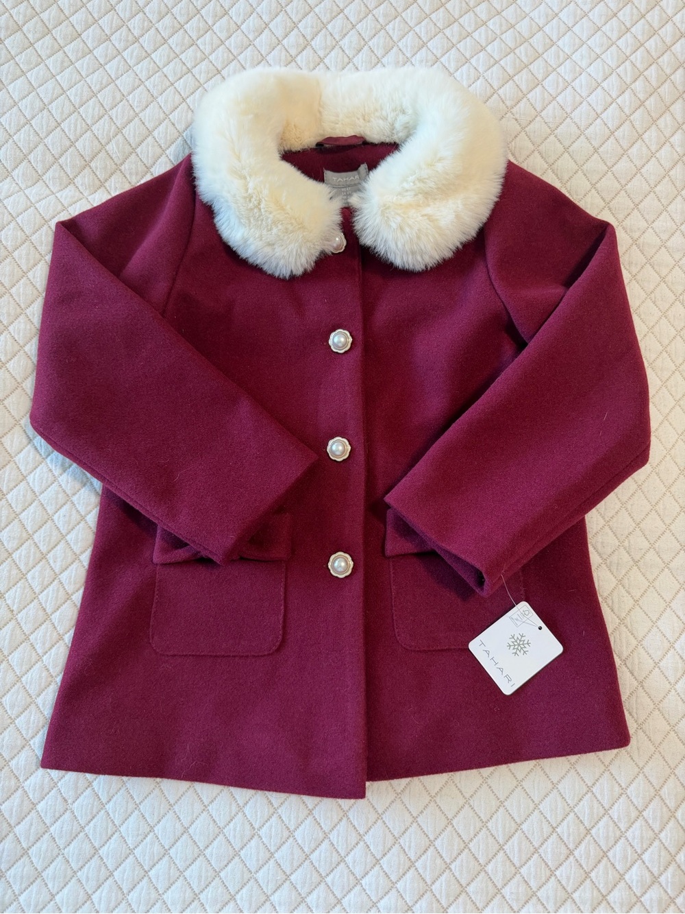 NWT Tahari Girls Burgundy Coat with Faux Fur Collar & Bow Pockets - Size 5T